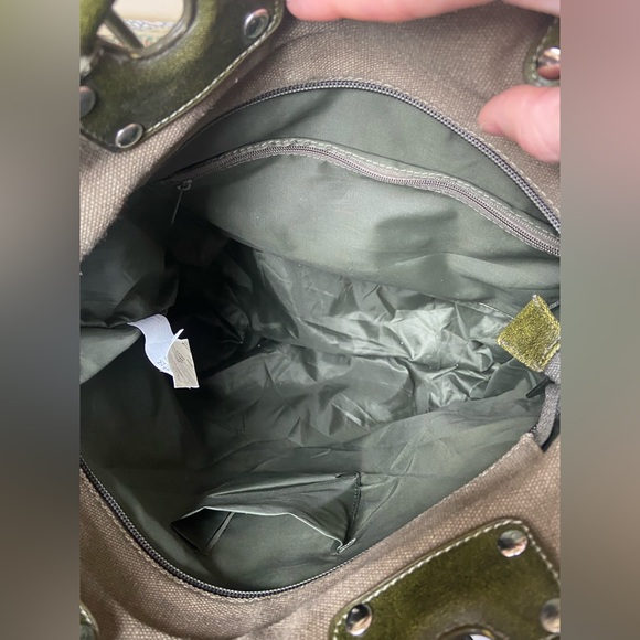 Army Green Canvas Tote with Sequin Detailing - Picture 4 of 5